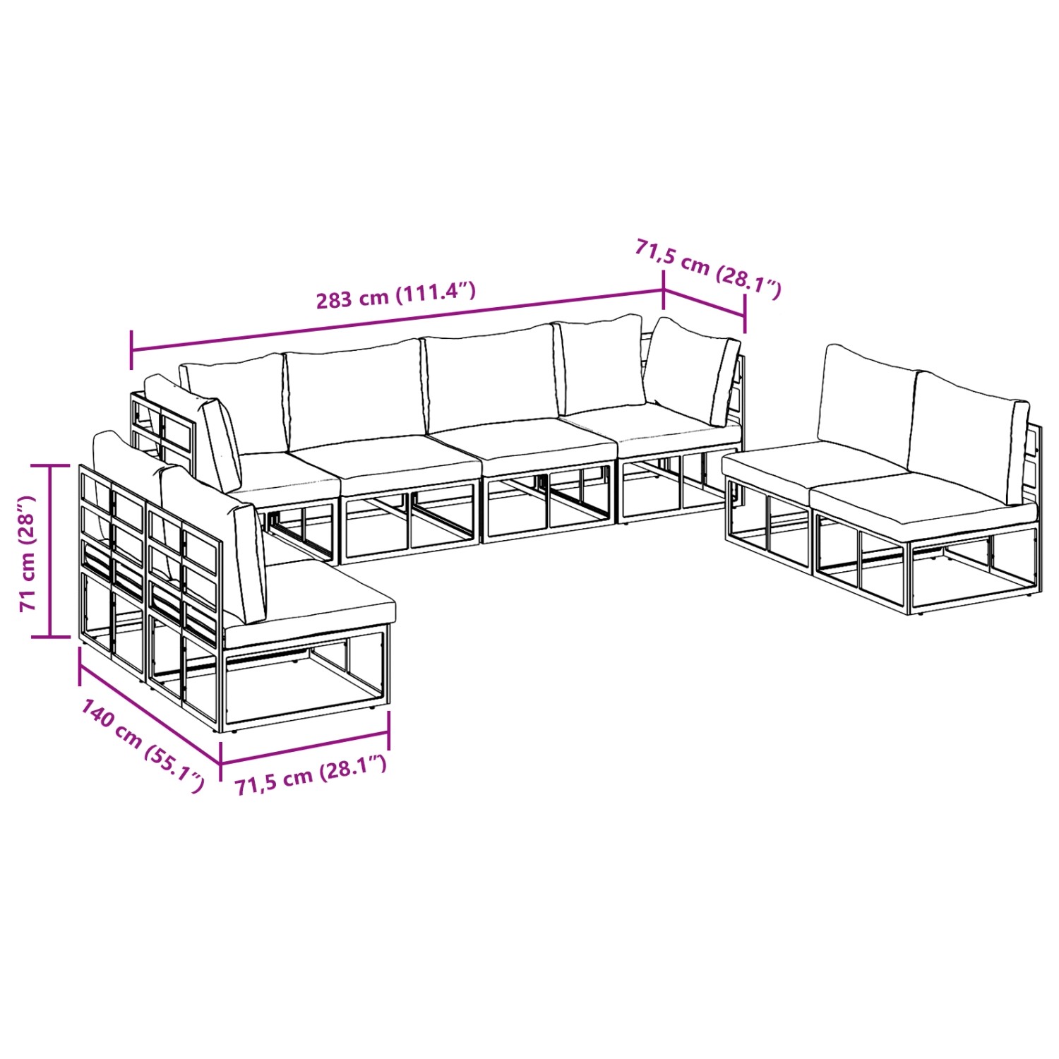 vidaXL Garten-Sofa-Set, 8-teilig, schwarz, Aluminium. Modulares Lounge-Set mit Kissen für Garten und Terrasse.
