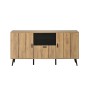 Merax Sideboard 140x35x67 cm in Holzoptik mit 3 Türen, 2 schwarzen Schubladen und schwarzen Füßen.