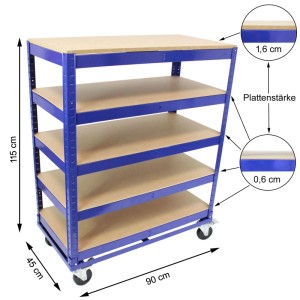 Blauer TRUTZHOLM Etagenwagen mit 5 Ebenen, 115x90x45 cm, ideal für Bürocontainer und Lager.