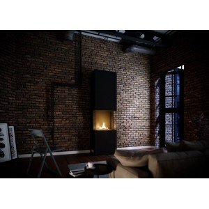 Schwarzer Tenderflame Ambientekamin Indie mit Flamme vor Backsteinwand.
