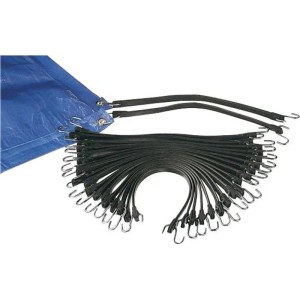 Set schwarzer Planenspanner mit Metallhaken und blauer Abdeckplane. Zur sicheren Fixierung von Baufolien und Planen.