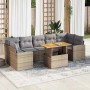 Beige 8-tlg. vidaXL Garten-Sofagarnitur aus Polyrattan mit hellgrauen Kissen und höhenverstellbarem Tisch.