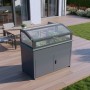 Anthrazitfarbenes Westmann Hochbeet Plexa Plus mit Frühbeetaufsatz und Stauraum. Metall-Hochbeet für Garten & Terrasse.