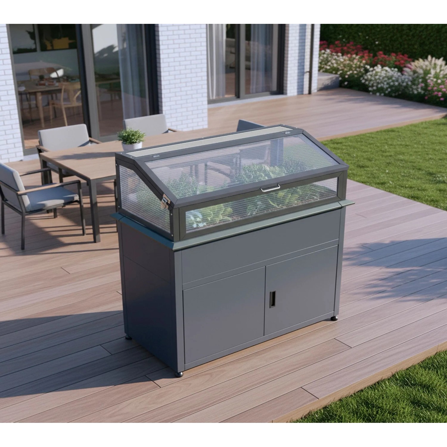 Anthrazitfarbenes Westmann Hochbeet Plexa Plus mit Frühbeetaufsatz und Stauraum. Metall-Hochbeet für Garten & Terrasse.