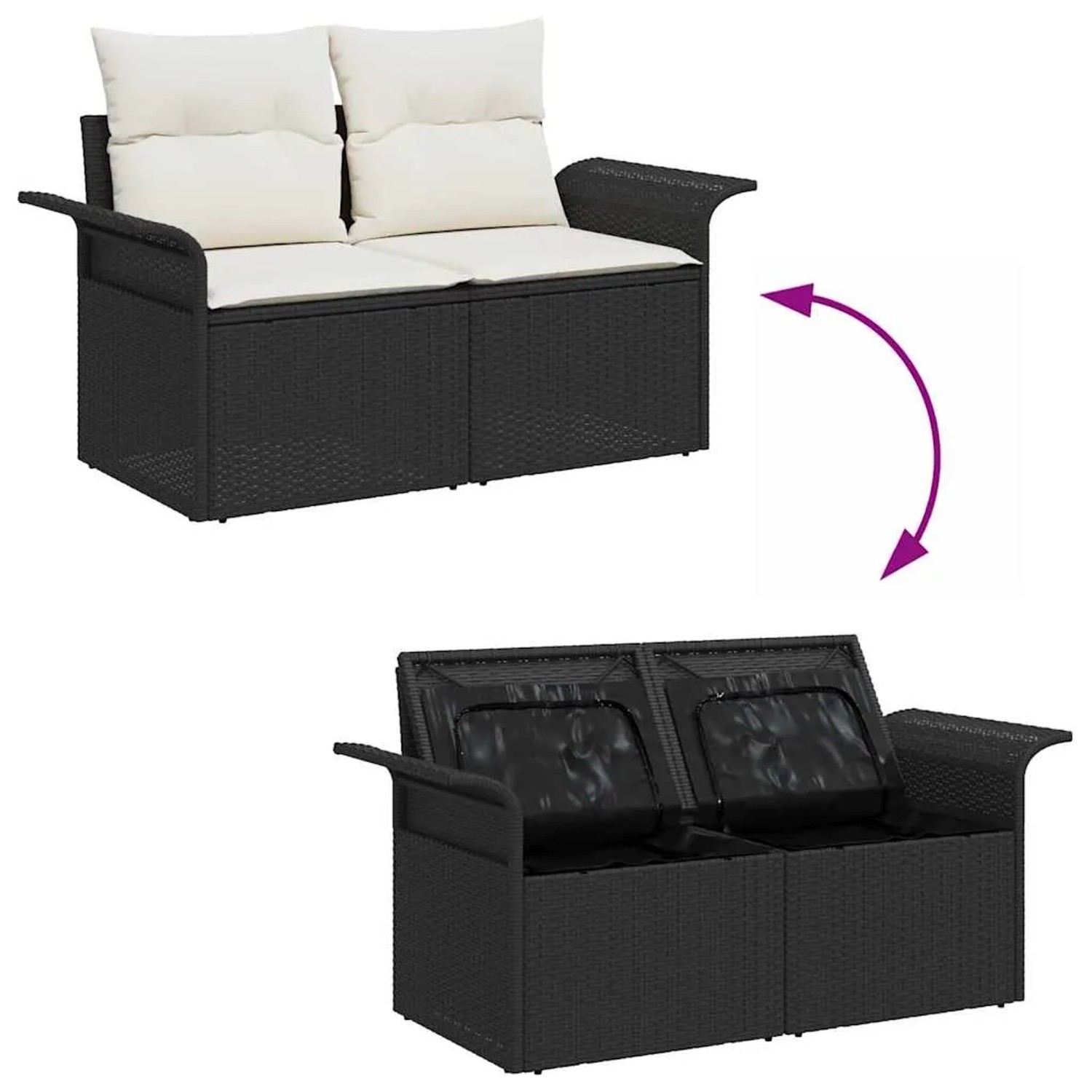 Schwarzes vidaXL Garten-Sofa-Set aus Poly Rattan mit Kissen, 7-teilig, modulare Bauweise.