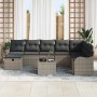 Graues 9-teiliges vidaXL Garten-Sofa-Set aus Polyrattan mit Kissen und Stauraum.