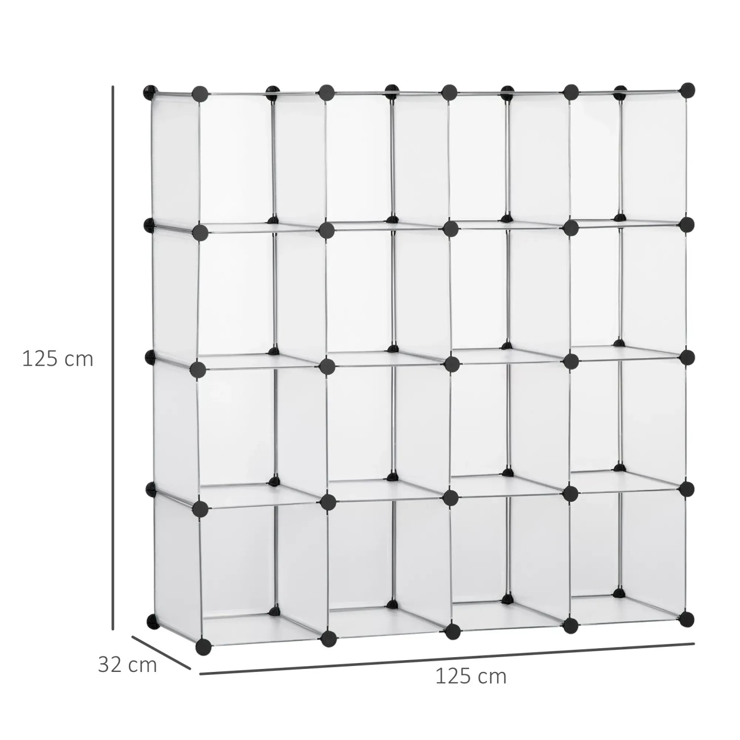 Weißes HOMCOM Würfel-Regal aus PP und Stahl, 16 Fächer, 125x32x125cm.
