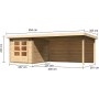 Karibu Holz-Gartenhaus Ängelholm, unbehandelt, mit Pultdach und Anbau. Abmessungen sichtbar.