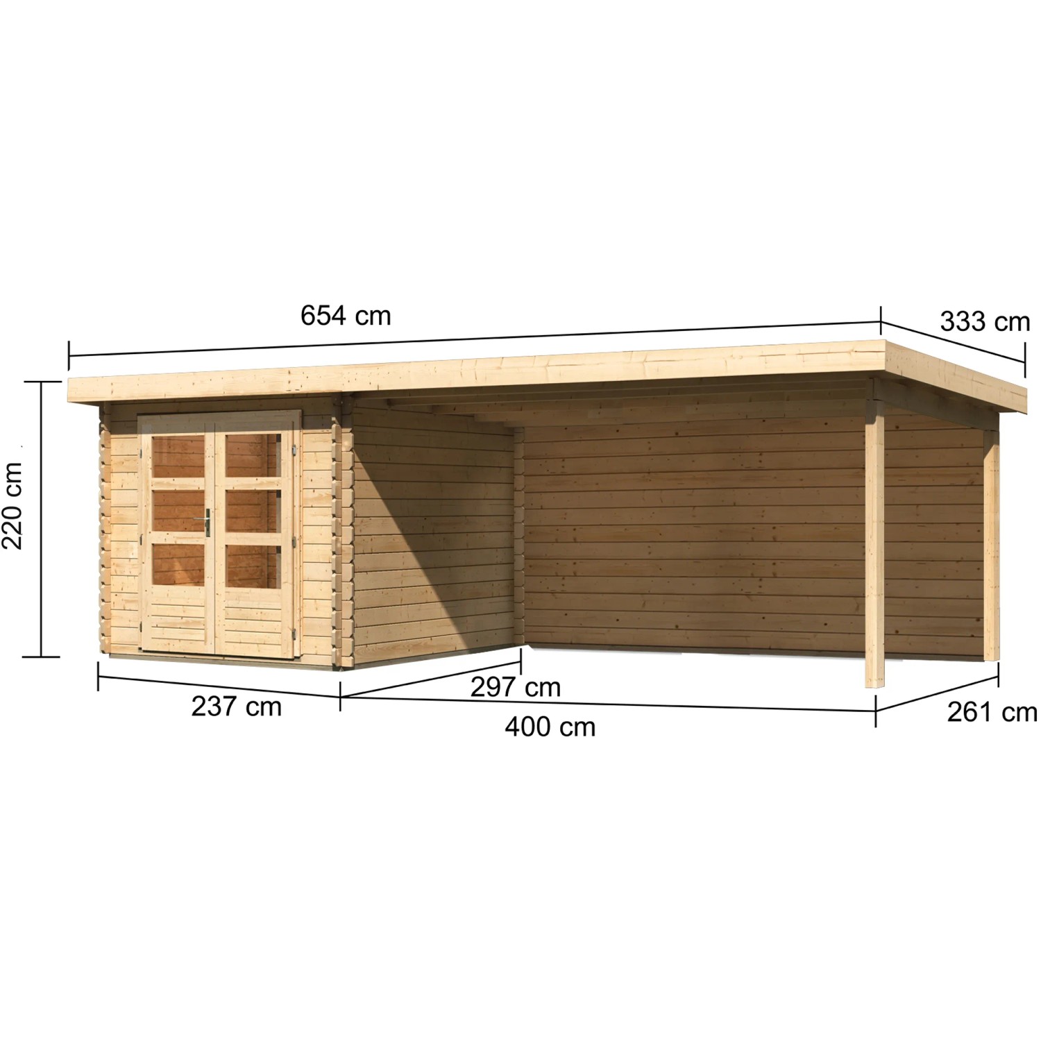 Karibu Holz-Gartenhaus Ängelholm, unbehandelt, mit Pultdach und Anbau. Abmessungen sichtbar.