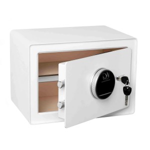 Offener, weißer KARAT Tresor mit Fingerabdruck- und Codeschloss. Ideal zur Wand- oder Bodenmontage.