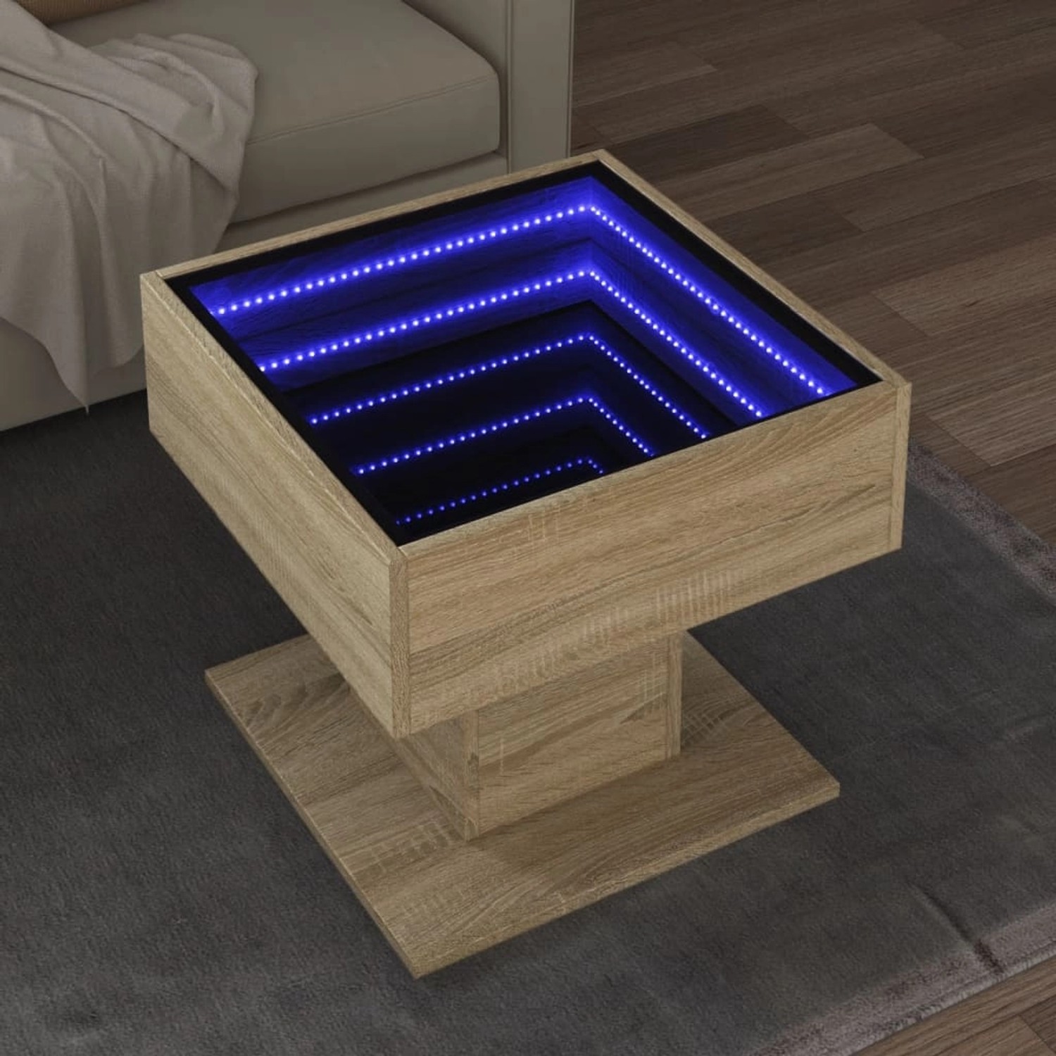Quadratischer LED-Couchtisch Sonoma Eiche mit Infinity-Spiegel für Wohnzimmer.