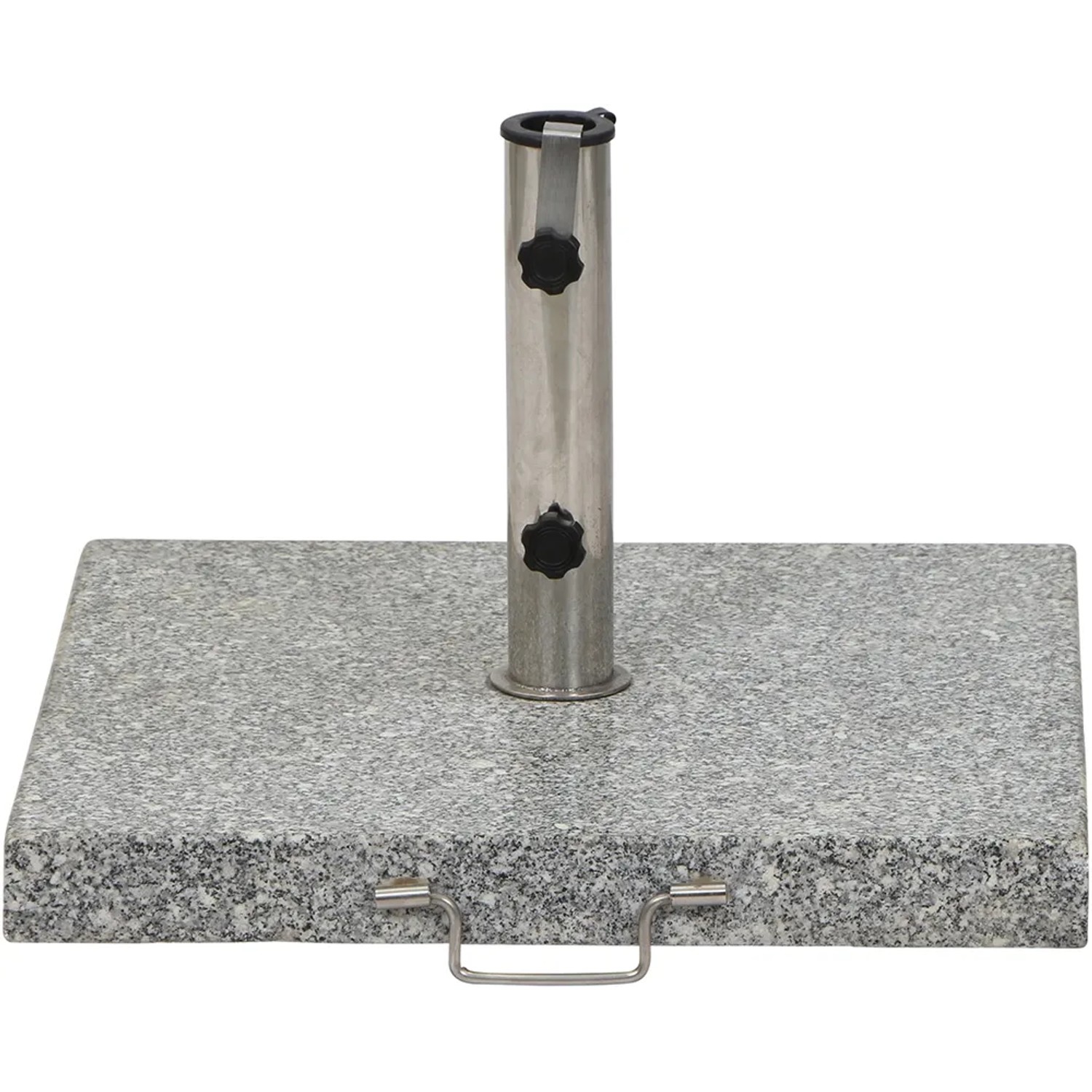 Grauer Siena Garden Schirmständer aus Granit, 54x54x5,5 cm, mit Edelstahl-Standrohr.