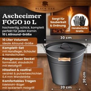 BLACK OAK Ascheeimer FOGO 10L mit Deckel, Schaufel und Feger für Kamin & Grill.