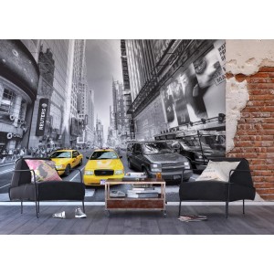 Sanders & Sanders Fototapete New York in Grau und Blau, mit Taxi-Motiv, 360x254 cm.
