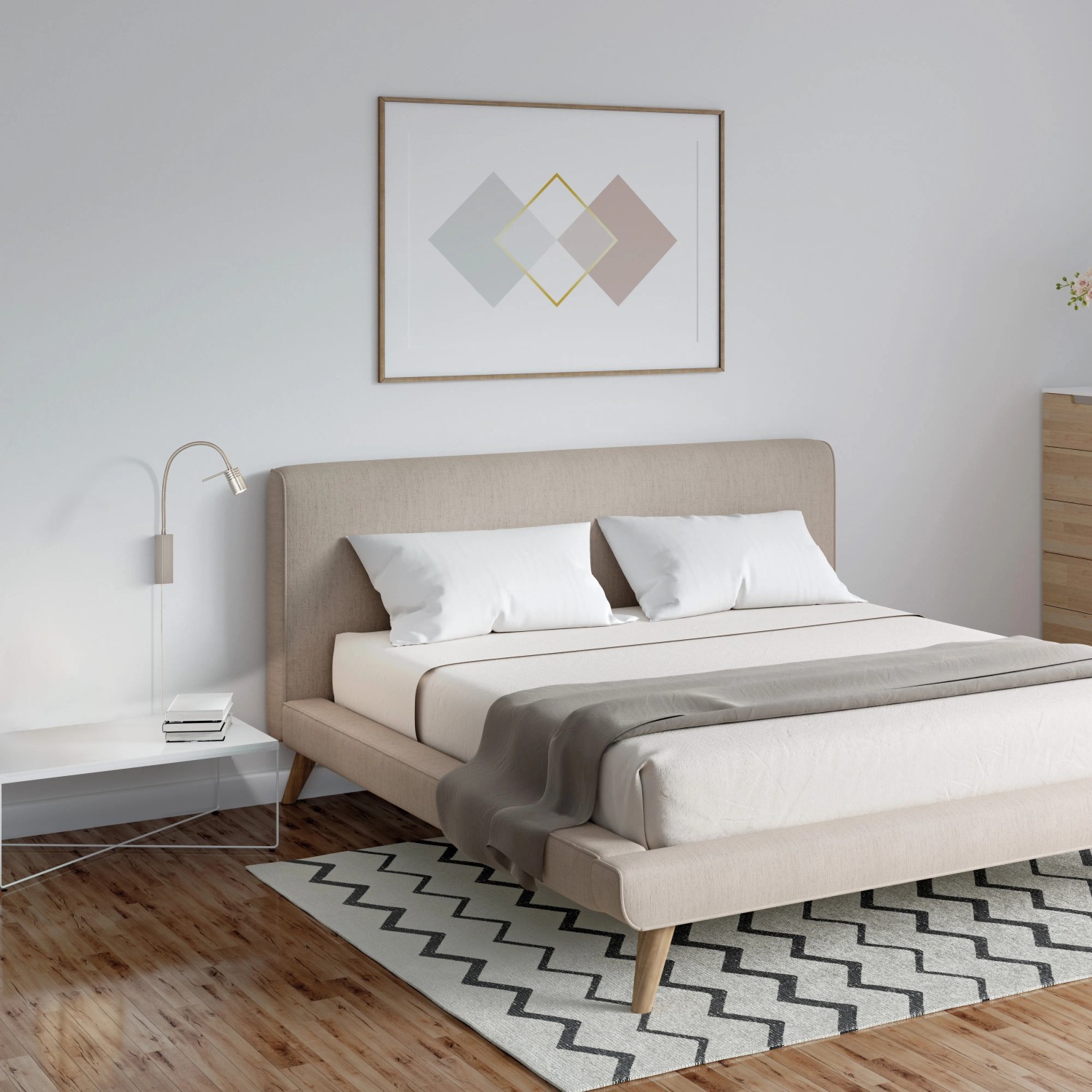 Flexibler, nickelfarbener LED-Wandspot River Ringe von Fischer & Honsel, montiert über einem Nachttisch.