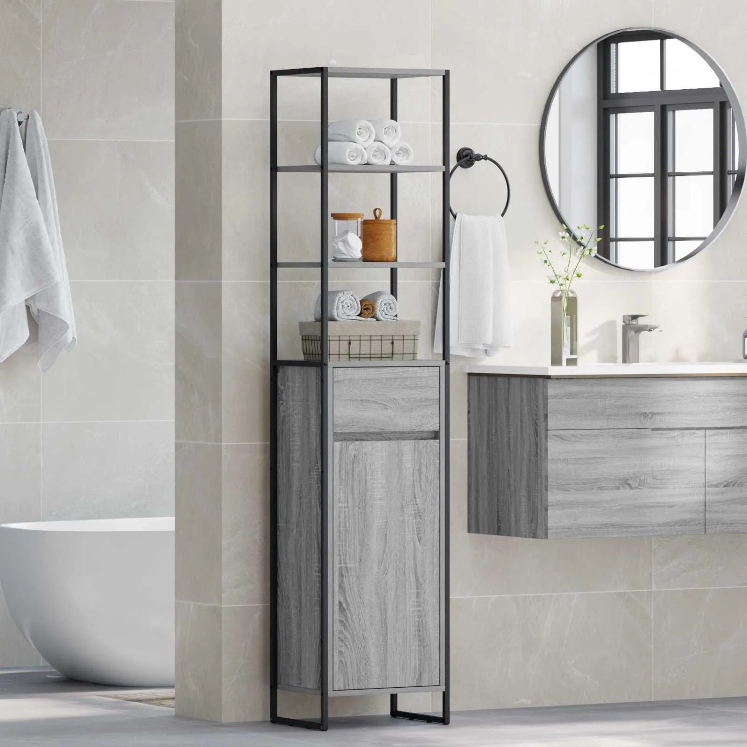 vidaXL Hochschrank Graues Sonoma Holzwerkstoff, schwarzer Metallrahmen, offene Regale, Tür und Schublade.