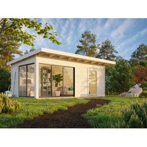 Palmako Gartenhaus Andrea Slide Plus, naturbelassen, mit Schiebetüren und großem Fenster im Garten.