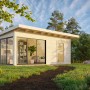 Palmako Gartenhaus Andrea Slide Plus, naturbelassen, mit Schiebetüren und großem Fenster im Garten.