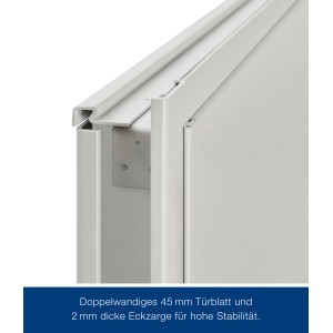 Detailansicht der Hörmann Brandschutzklappe T30 in Grauweiß, Fokus auf Türblatt und Zarge.