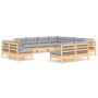 vidaXL 11-tlg. Garten Lounge Set aus Kiefernholz mit grauen Kissen. Gartenmöbel für Terrasse und Garten.