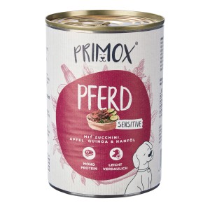 Primox Hunde-Nassfutter Pferd, 400g Dose. Monoprotein Rezeptur mit Gemüse für sensible Hunde.
