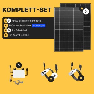 Solakon Balkonkraftwerk 900W Solaranlage Steckerfertig Komplettset Photovoltaik Anlage 800W Kabellänge 5m