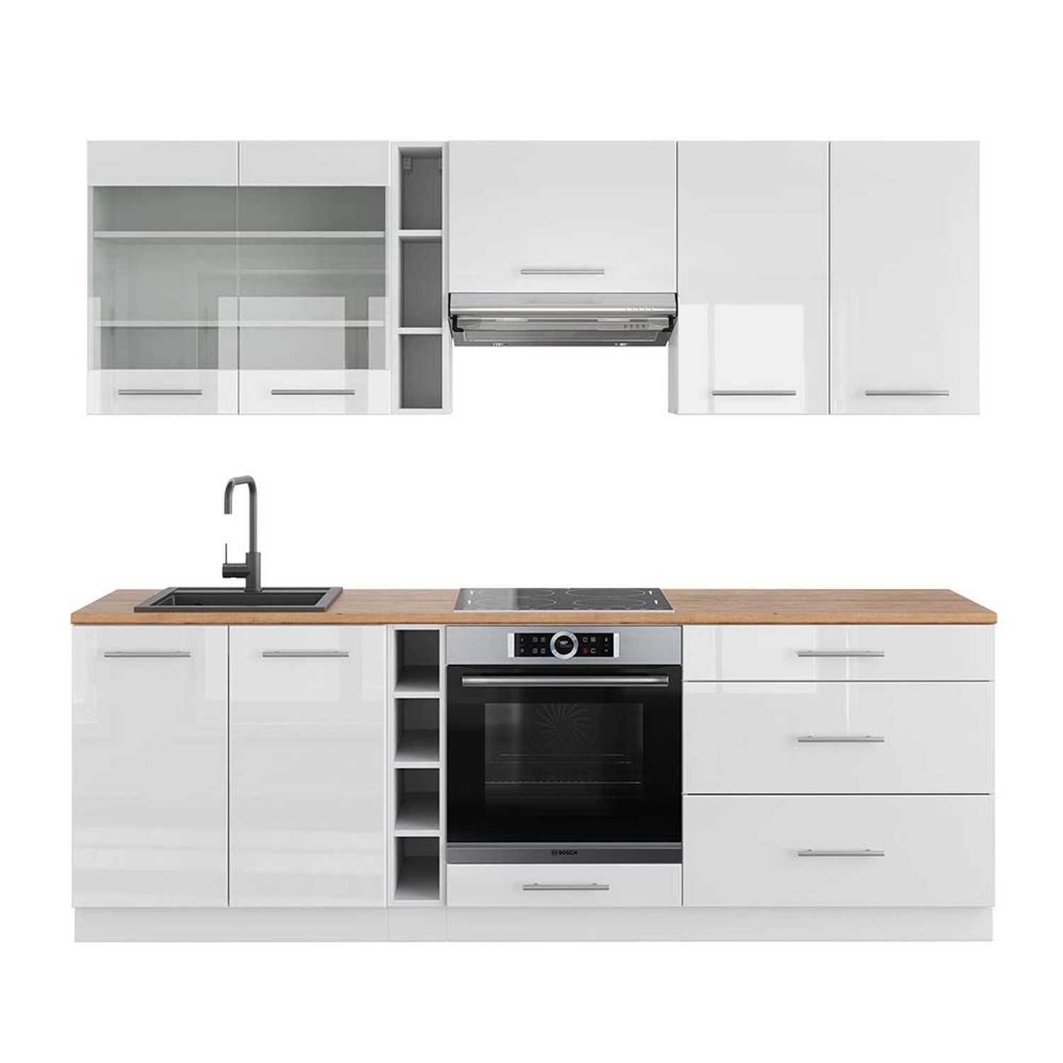Vicco Fame-Line Küchenzeile Weiß Hochglanz/Weiß 235 cm AP Eiche günstig online kaufen