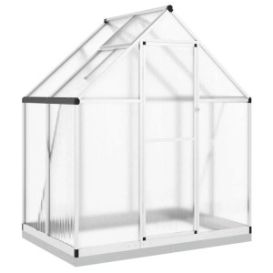 Silbernes Furnicato Gewächshaus mit Fundamentrahmen, 169x114x202 cm, aus Aluminium und Polycarbonat.