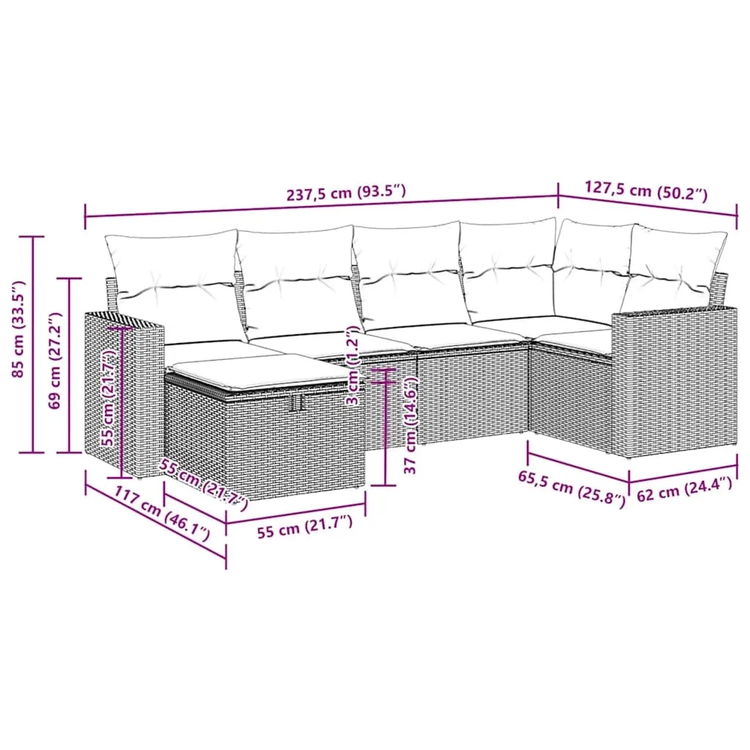vidaXL 6-tlg. Garten-Sofagarnitur, grau, Poly Rattan, mit Kissen, Maße eingezeichnet.