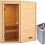 Woodfeeling Sauna Jella mit bronzierter Glastür und 9 kW Ofen.