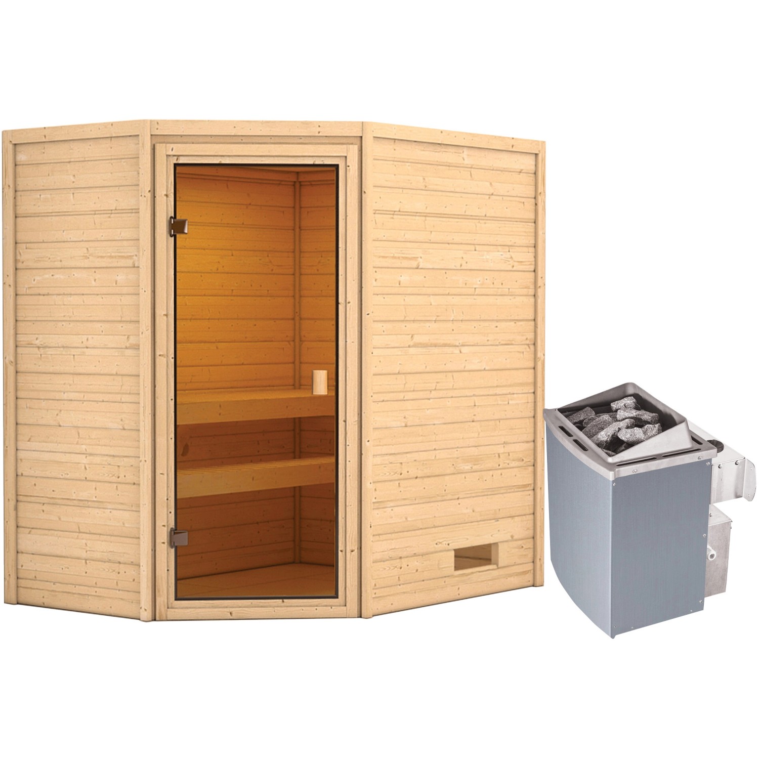 Woodfeeling Sauna Jella inkl. 9 kW Ofen mit integr. Strg., Glastür Bronziert