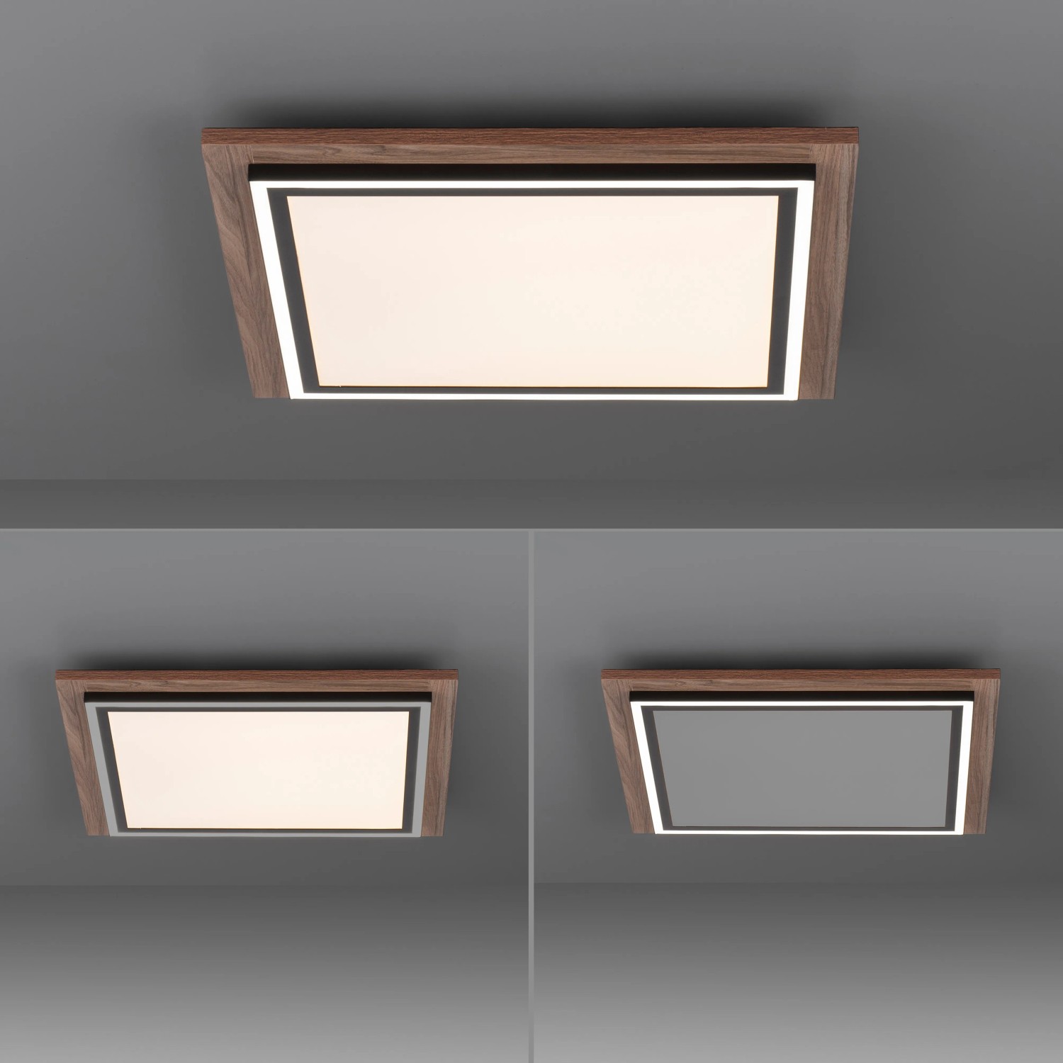 Quadratisches Paul Neuhaus LED-Panel Palma mit Holzdekor, verschiedene Lichtmodi.