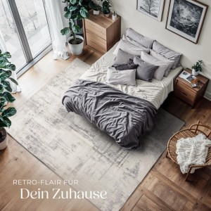 Beige-grauer Vintage Teppich (200x274 cm) mit abstraktem Muster im Schlafzimmer.