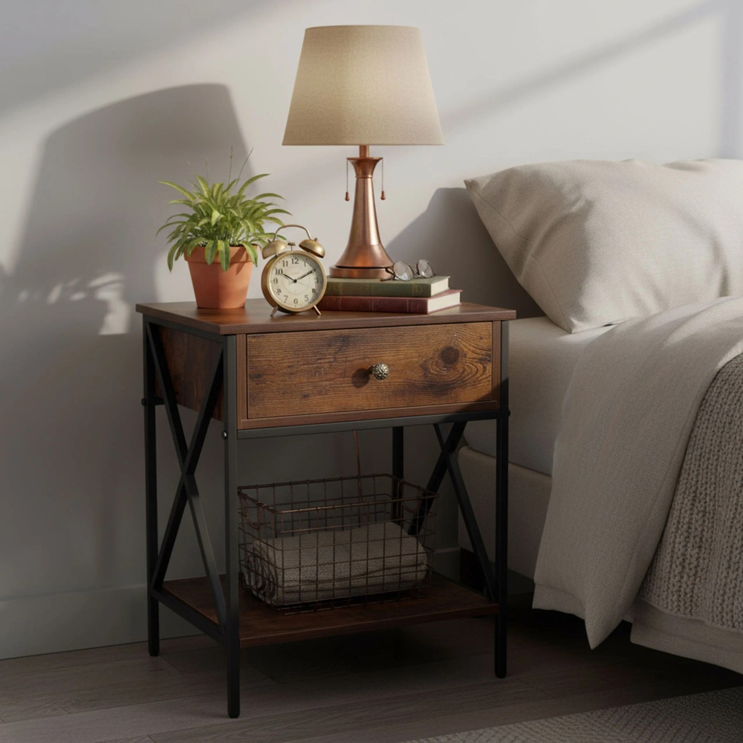 Relaxdays Nachttisch Eisen MDF Dunkelbraun Schwarz Verstellbar Rutschfest 55 cm x 40 cm x 30 cm_2