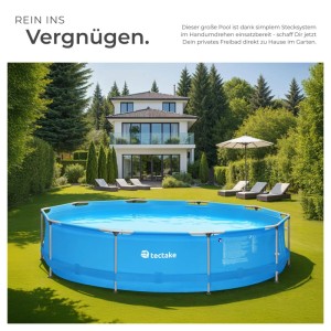 Blauer Tectake Swimming Pool mit Stahlrahmen im Garten vor einem Haus.