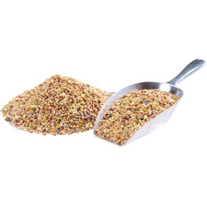 Elles Geflügelkörnerfutter Plus, 25kg: Körnermischung mit Sonnenblumenkernen und Schaufel.