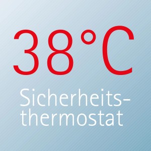 Schulte Duschsystem: Anzeige des Sicherheitsthermostats bei 38°C.