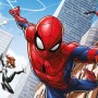 Sanders & Sanders Fototapete: Spider-Man und Freunde vor Skyline in Rot, Blau und Grau.