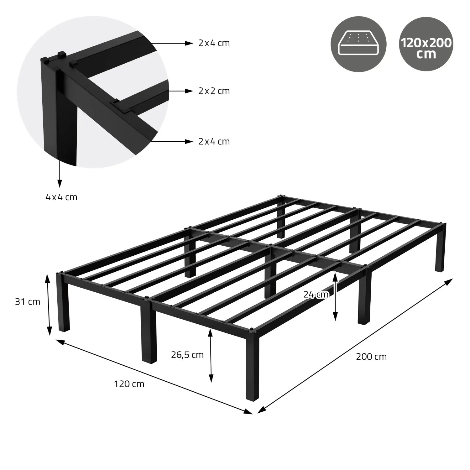 ML-Design Metallbett 120x200 cm, Stahlrahmen, Lattenrost, Bettgestell in Schwarz.