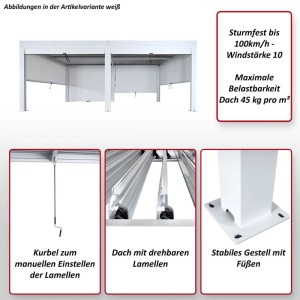 Weiße MCW Pergola L46 mit Seitenwänden, drehbaren Lamellen und robustem Alu-Gestell. Vielseitiger Sonnenschutz für den Garten.