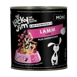 Lucky Jim Hunde-Nassfutter Mono Lamm, 800g Dose. Alleinfutter mit Lamm und Superfoods für ausgewachsene Hunde.