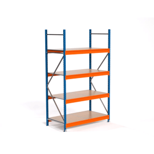 PROREGAL Weitspannregal MAXIMUS PRO Grundregal, blau/orange mit 4 Spanplatten-Fachböden.