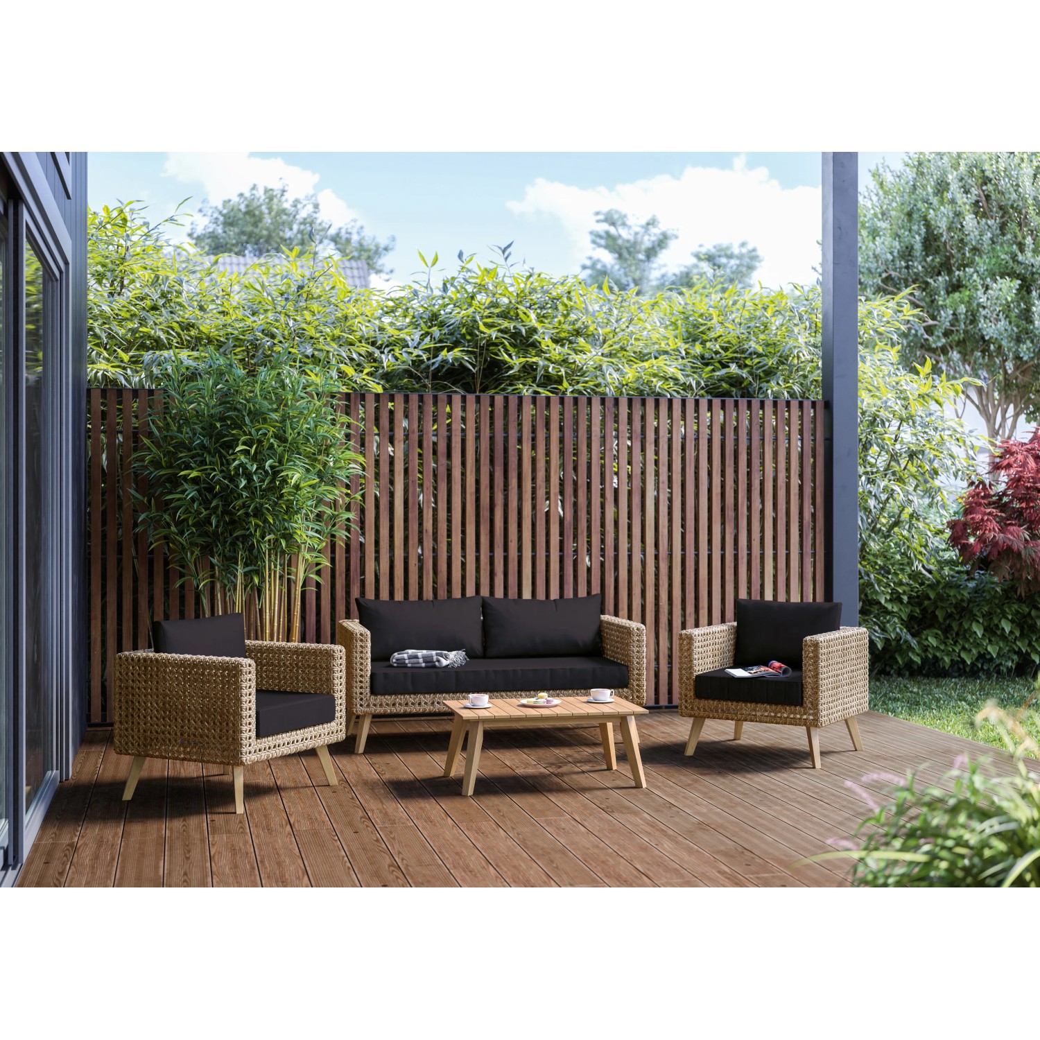 4-teiliges Lounge-Set Junee aus Polyrattan in Natur mit anthrazitfarbenen Auflagen und Holztisch.
