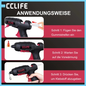 CCLIFE Heißklebepistole 60W Anwendung: Klebestift einlegen, aufheizen, Kleber auftragen. Ideal für Basteln, DIY & Reparaturen.