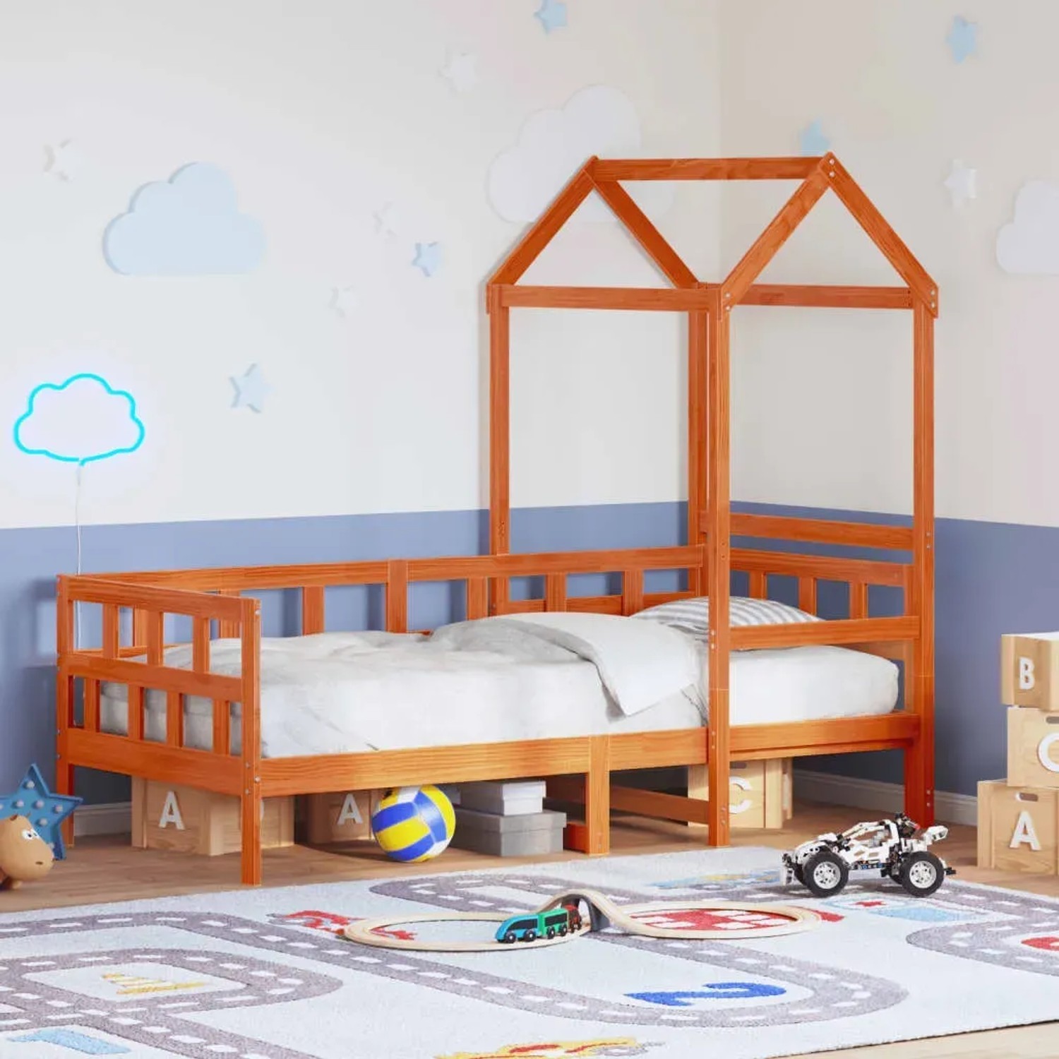 Wachsbraunes vidaXL Tagesbett mit Dach, 80x200 cm, Kiefer Massivholz im Kinderzimmer.