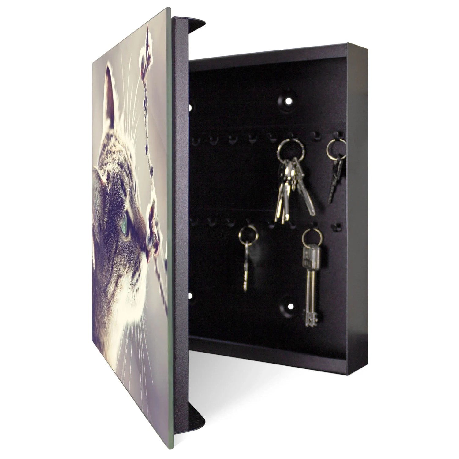 Offener, schwarzer Schlüsselkasten mit Glasfront, Katzenmotiv, 50 Haken, magnetisch und beschreibbar.