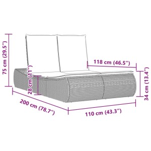 Graue vidaXL Doppel-Sonnenliege aus Polyrattan mit Kissen, Maße sind auf dem Bild dargestellt.