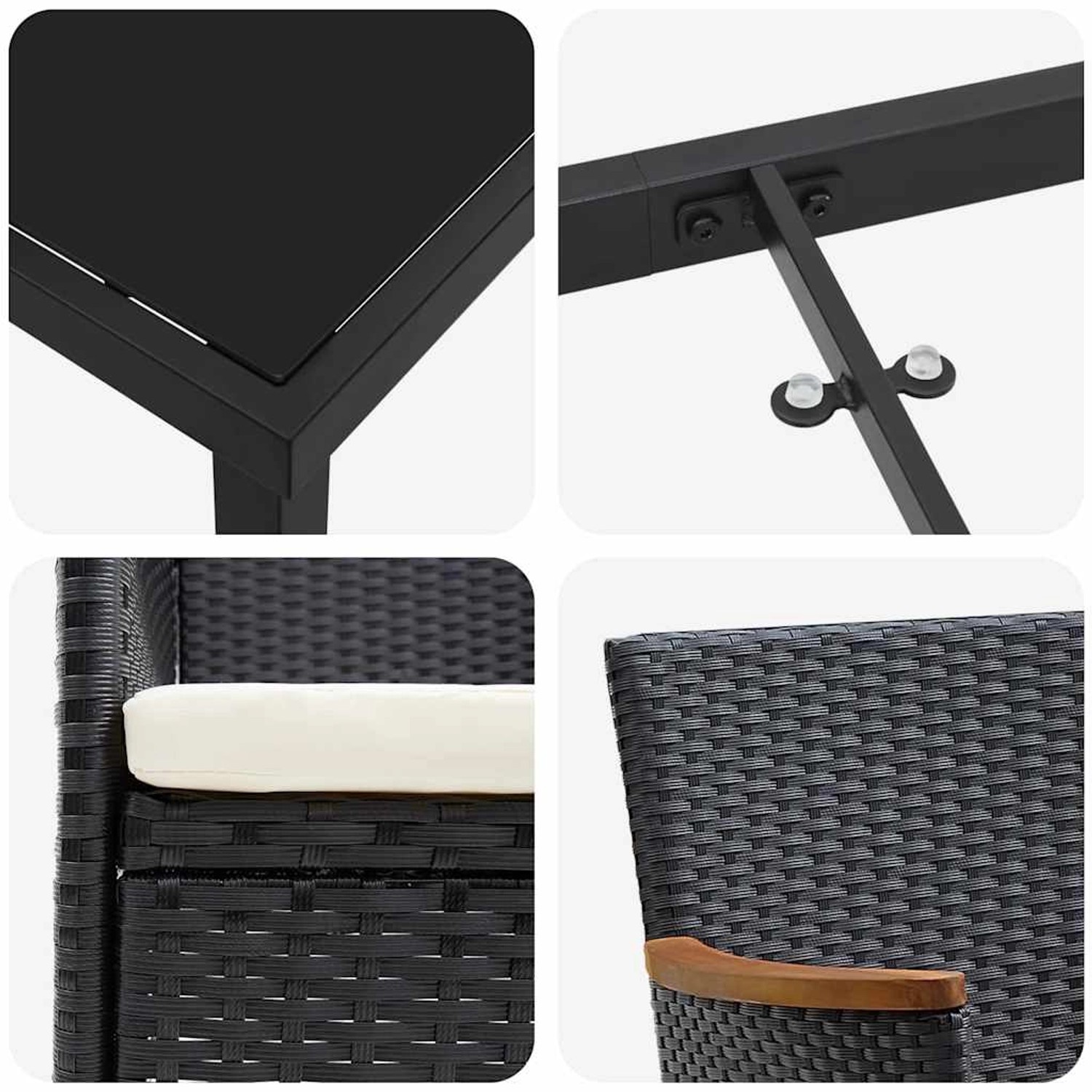 Detailansichten der schwarzen vidaXL Garten Essgruppe aus Polyrattan mit Tisch, Stuhl, Kissen und Armlehne.