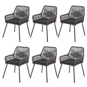 6er Set graue Juskys Rope Gartenstühle Kastos mit Sitzkissen, Stahlgestell und Seilgeflecht.