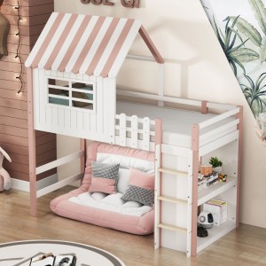 Rosa-weißes Massivholz Hausbett 90x200cm für Kinder mit Dach, Fenster, Leiter und Spielbereich.